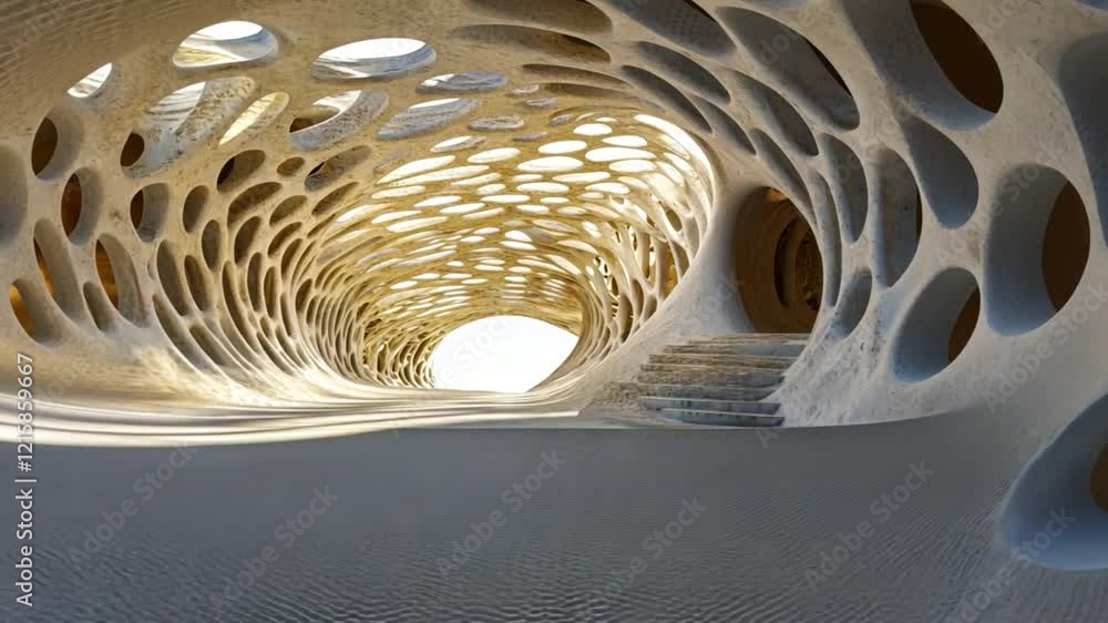 Poster Abstract Architectural Design: A 3D Render of a Cave-Like Structure with Perforated Walls and a Staircase