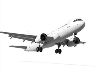 Obraz premium white airplane flying isolated on white background, showcasing its sleek design and aerodynamic features. image captures essence of modern aviation