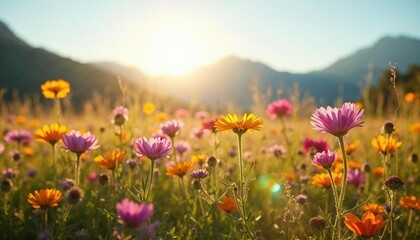 Obraz premium Sunrise Flower Meadow: Vibrant wildflowers in a profusion of colors illuminate a picturesque meadow at sunrise, bathed in the golden light of a new day.