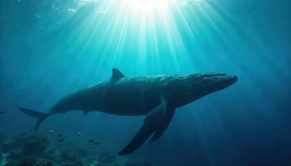 Obraz premium Whale in Sunbeams: A majestic whale glides through the crystal-clear ocean, bathed in warm sunlight, its silhouette illuminated by the sun's rays that pierce the water.