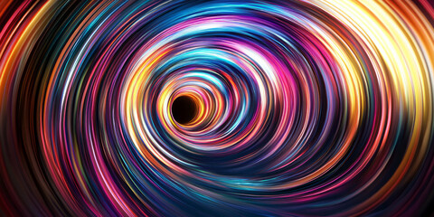 3D render of colorful neon light lines spinning in a circle on a dark background, creating a tunnel effect, generative AI