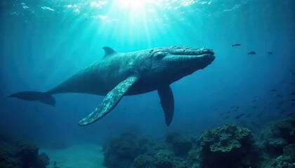 Fototapeta premium Majestic Whale in Sunlit Ocean Depths: A magnificent whale glides gracefully through the sun-drenched ocean, its colossal form silhouetted against the vibrant coral reef below.