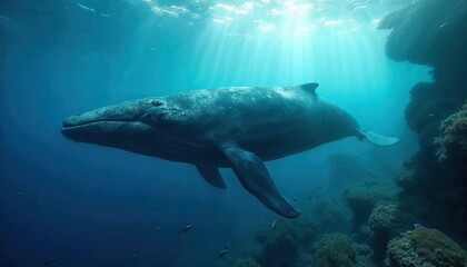 Obraz premium Humpback Whale in the Deep Blue: A magnificent humpback whale glides effortlessly through the deep blue ocean, bathed in a radiant glow of sunlight.