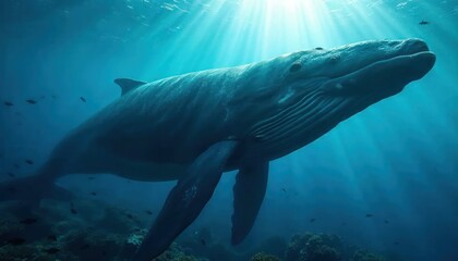 Naklejka premium Humpback Whale Majesty: An awe-inspiring humpback whale glides through the cerulean depths, bathed in the ethereal glow of sunlight, evoking a sense of wonder and reverence for the ocean's grandeur. 