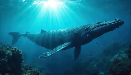 Obraz premium Humpback Whale in the Sunlight: A majestic humpback whale glides gracefully through the crystal-clear ocean, illuminated by the sun's rays that pierce the surface.