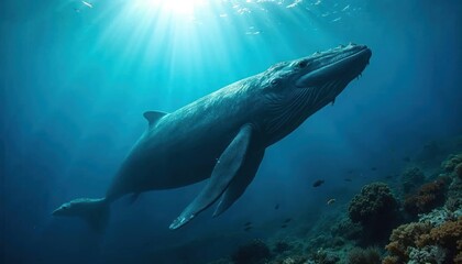 Fototapeta premium Humpback Whale Undersea Majesty: An awe-inspiring humpback whale glides effortlessly through crystal clear turquoise water, bathed in the radiant light of the sun.