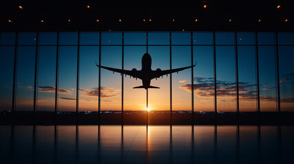 stunning silhouette of airplane against vibrant sunset, viewed through large glass windows in airport terminal. scene captures essence of travel and adventure