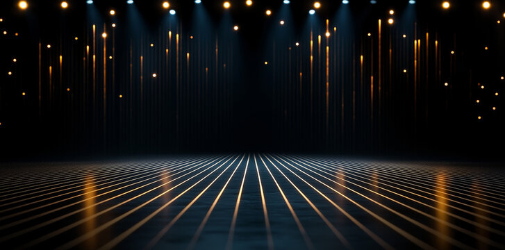 dramatic stage with glowing lights and reflective floor creates enchanting atmosphere. combination of blue and gold lights enhances visual appeal, perfect for performances