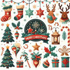 vector illustration of cute cartoon-style Merry Christmas with Santa Claus, a Christmas Tree, deer