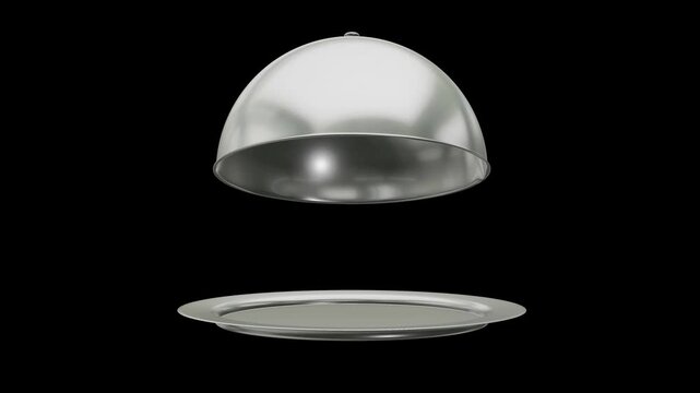 Restaurant cloche on plate open. Motion Animation. Video available in 4K FullHD and HD render footage on black