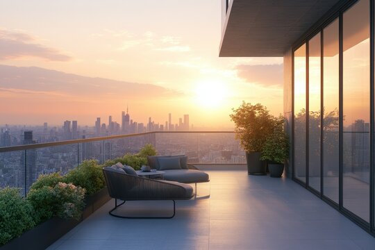 Sunset cityscape view from modern balcony, featuring comfortable outdoor furniture. Ideal for real estate, luxury lifestyle, or travel promotion. - Powered by Adobe