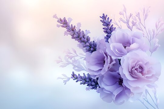 Floral arrangement in nature background lavender and roses soft environment peaceful viewpoint