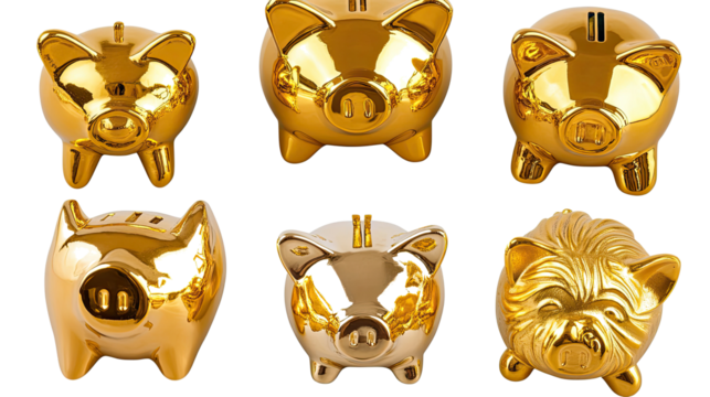 Set of Gold Piggy Banks on Transparent Background Generative AI