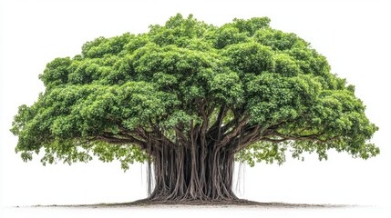 Large banyan tree with lush green foliage and extensive root system, isolated on white. Ideal for nature, ecology, or growth concepts, represents strength and longevity.