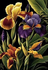 Obraz premium Floral and avian elements on a black backdrop.