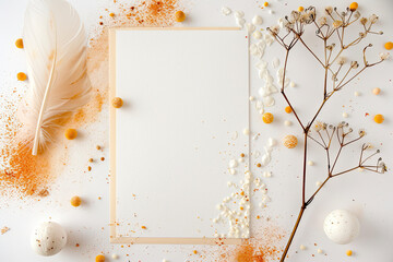 Minimalist wedding invitation mockup with white card, dried flowers, feather, and orange accents on white background