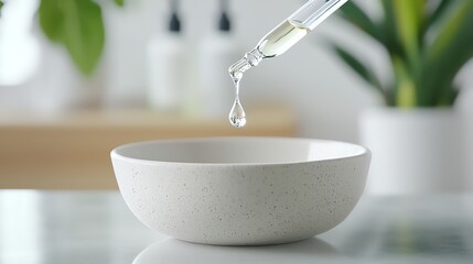A close-up of a dropper releasing liquid into a ceramic bowl, set in a bright, minimalist space with blurred green foliage in the background.