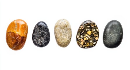 Five smooth, colorful stones in a row on white.