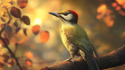 Green woodpecker perched on branch, autumn leaves background.