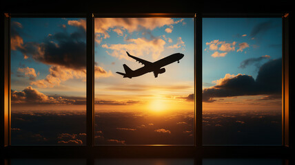 silhouette of airplane flying against vibrant sunset sky, framed by large windows. scene captures beauty of travel and adventure, with clouds illuminated by warm colors