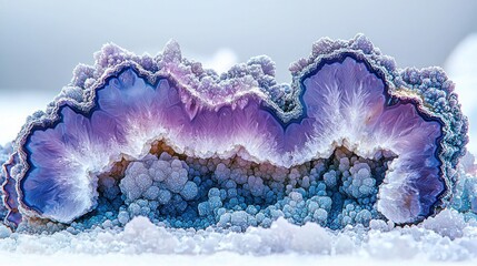 Purple blue agate slice on snowy background