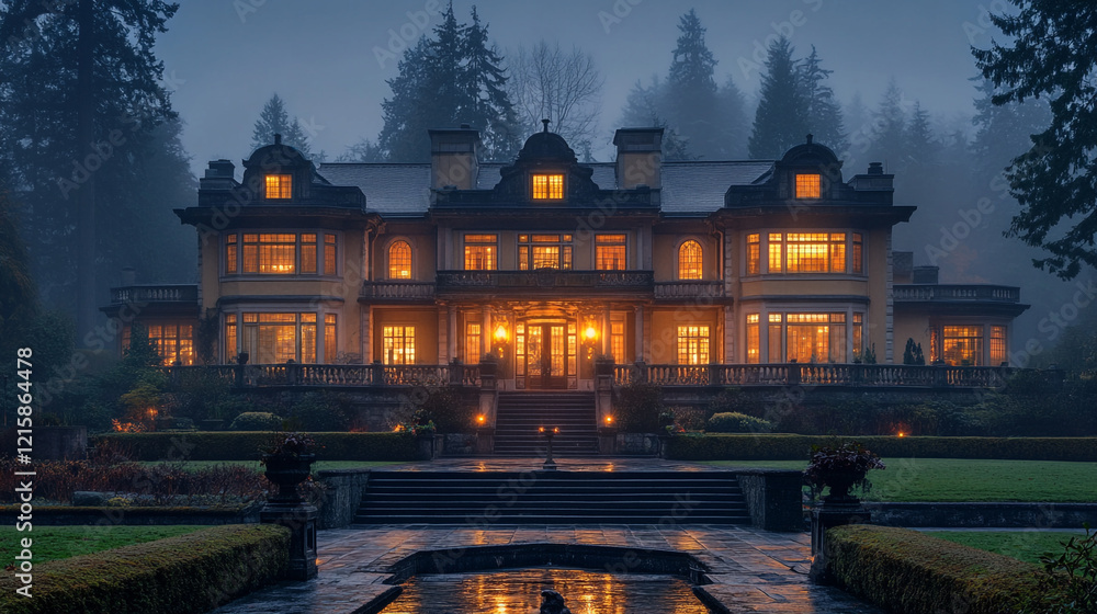 Poster mysterious mansion illuminated at dusk surrounded by dense forest in a tranquil setting
