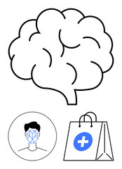 Brain graphic, facial recognition interface, and medical bag with a cross. Ideal for AI, healthcare, innovation, technology, mental health biometrics and futuristic concepts. Abstract line flat
