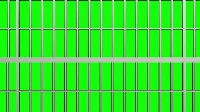 Prison bars. Animation of Open Jail bars. 3d render video available in 4K FullHD and HD render footage on green chroma key