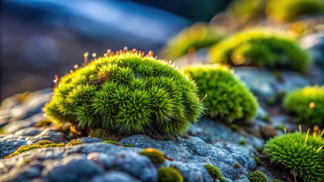 Close-up shot of delicate, intricately patterned moss growths on a smooth rock surface, moss growth, algae, fungal network, speckled surface, leaf lobe