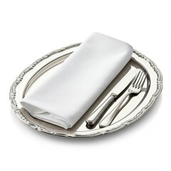 white napkin on silver platter with fork and knife