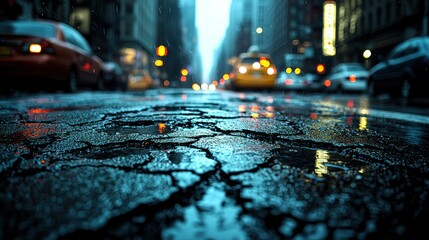 Rainy city street at night, low angle view, blurred traffic