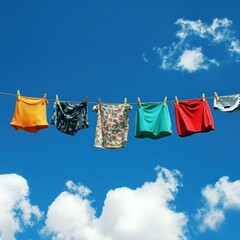 Colorful clothes drying on a line, sunny sky, clouds, fresh laundry