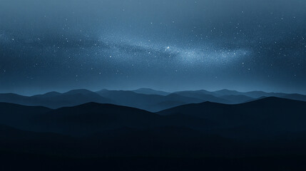 Starry sky over mountains at night with Milky Way galaxy visible in the distance dark blue and white background minimalistic bright tone modern blurred empty blank caption space on the side

