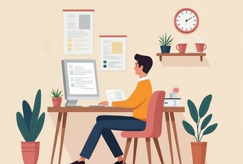 An individual sitting at a minimalist desk in a cozy office corner, emphasizing focus and organization.