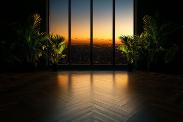 modern office space featuring large windows with sunset view, illuminated by warm light. Lush green plants enhance ambiance, creating serene atmosphere