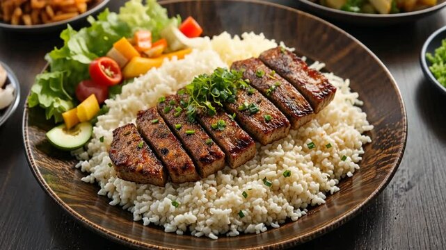 grilled steak with rice