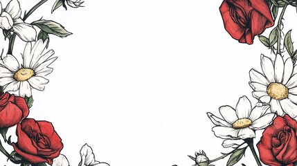 Floral frame with red roses and daisies.