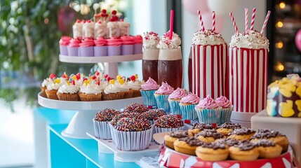 A vibrant dessert table overflowing with cupcakes, decorated with sprinkles and frosting. Two large red and white striped milkshake cups add a fun touch.  Perfect for a party or celebration!