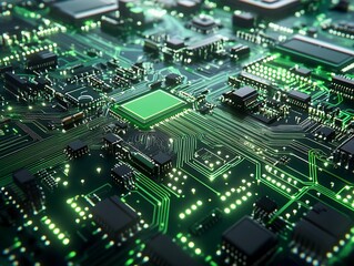 Fototapeta premium Glowing Green Circuit Board Close Up High Tech Digital Technology. AI Generated