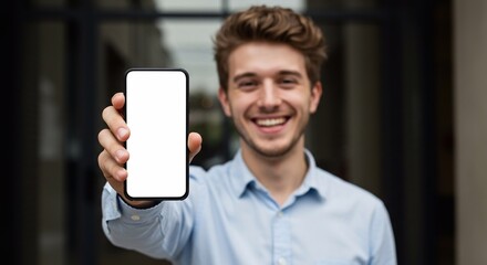 A smiling man holds a smartphone with a blank white screen, looking directly at the camera.
