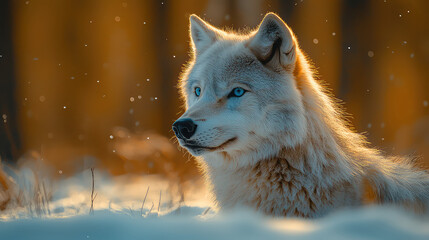 Obraz premium Majestic arctic wolf with striking blue eyes rests in snowy winter scene, bathed in golden sunlight.