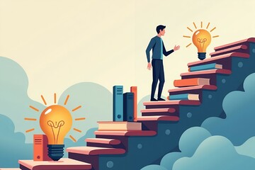 A stylized vector illustration of a person walking up a staircase shaped like a winding road, each step containing icons of books, tools, and lightbulbs, symbolizing continuous learning and innovation