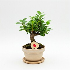 Fototapeta premium small green bonsai tree in beige pot with wooden heart decoration on white background