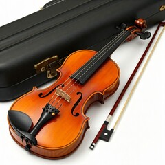Fototapeta premium close up view of a brown violin with black case and bow on white background