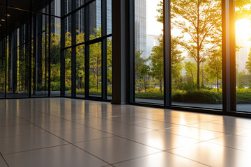 Fototapeta premium bright, modern interior with large windows showcasing vibrant outdoor landscape. sunlight casts warm reflections on polished floor, creating serene atmosphere