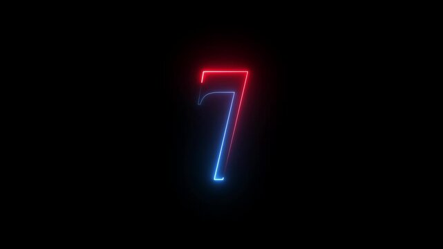 7 text number neon glowing animation. Neon glowing animation above 7 digit text. number 7 neon text concept