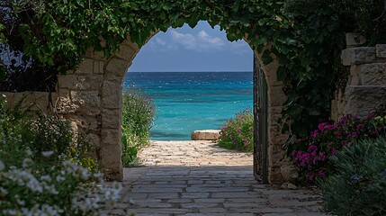 Stone archway garden path leads to turquoise sea