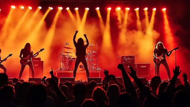 Fiery Stage Performance: A Rock Band Silhouetted Against Intense Orange Lighting