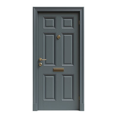 A grey door with a classic design, featuring panels and a brass handle for entry.