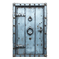 Fototapeta premium A weathered metal door with rivets and a small window, suggesting security and durability.